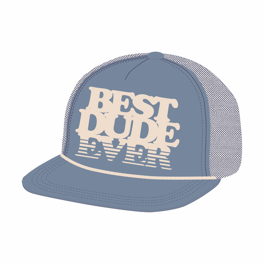 Tiny Whales Best Dude Ever trucker hat with mesh back panels and curved bill