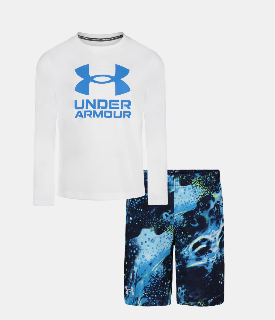 Under Armour white and blue long-sleeve swim shirt and matching quick-dry volley shorts