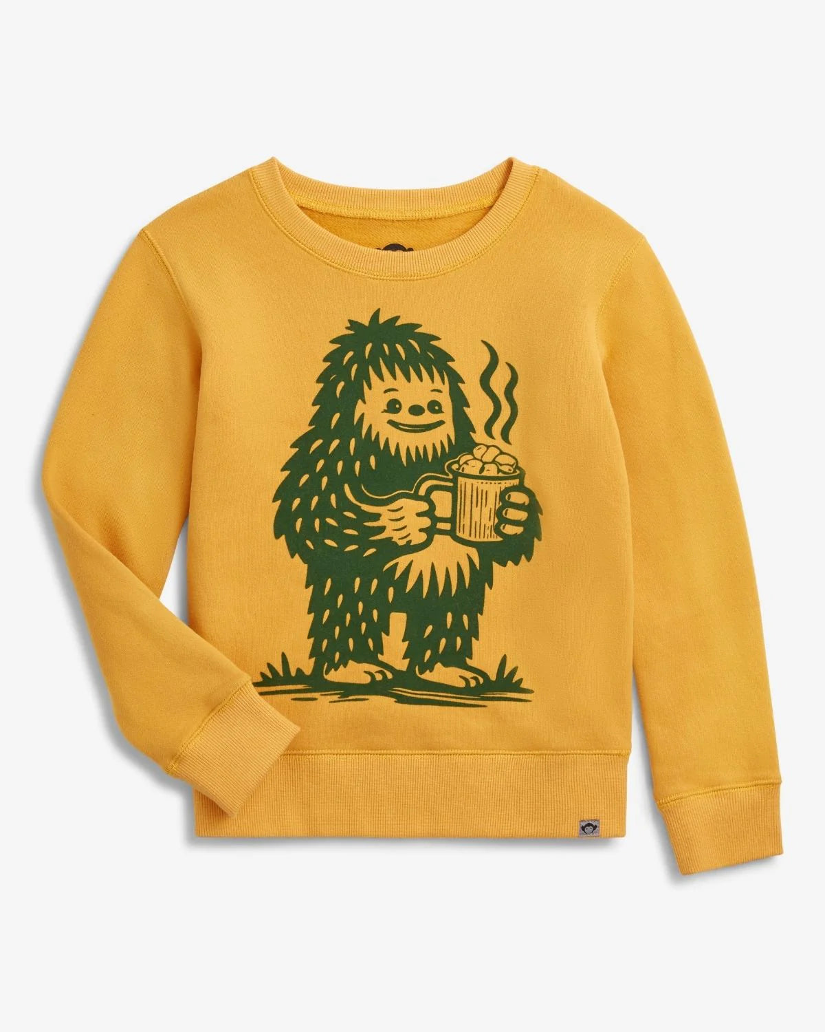 Appaman Revel Crewneck in mustard cotton-blend with subtle Bigfoot graphic, ribbed cuffs and hem
