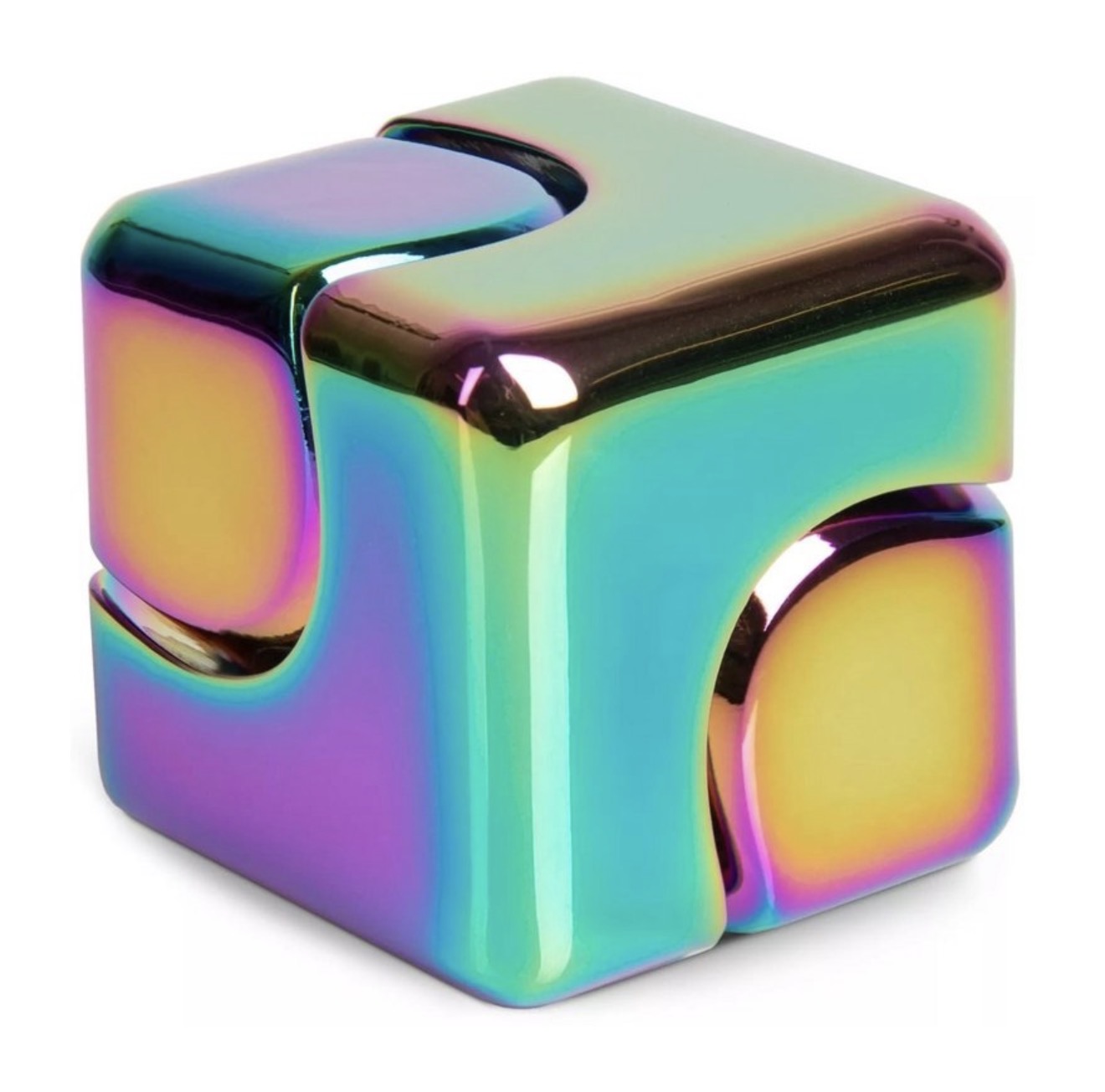 Watchitude Spin Cube fidget spinner in polished metal with cube-shaped design for smooth, continuous spinning