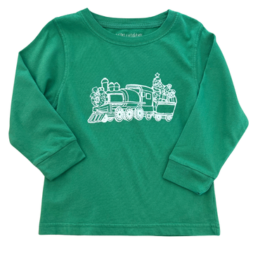 Long Sleeve Green Shirt With a festive christmas train design outlined in white. 