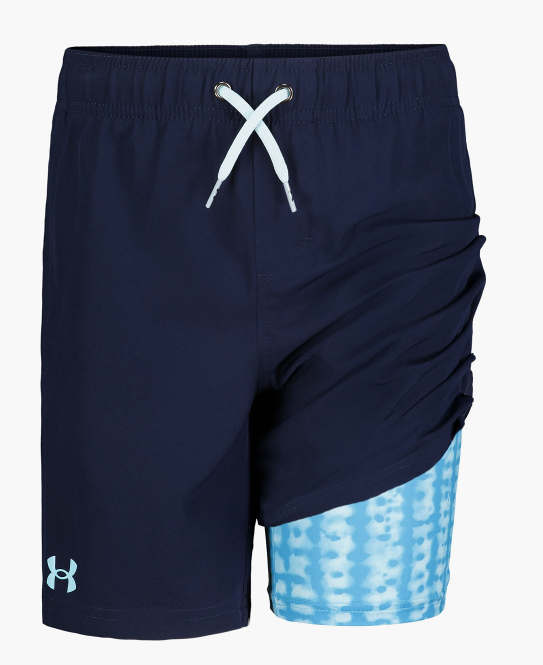 Under Armour boys' Midnight Navy compression volley shorts with quick-dry suede-like finish and UPF 50+ sun protection