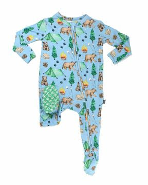 Hunter Zippered Footie by Lev Baby in soft bamboo with dual zippers and heart-shaped grip soles.