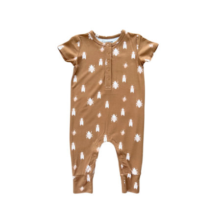 Baby Sprouts SS Henley Romper in Toffee with full-length zipper and built-in footies