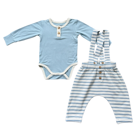 Henley bodysuit and suspender set in ski blue stripe by Baby Sprout