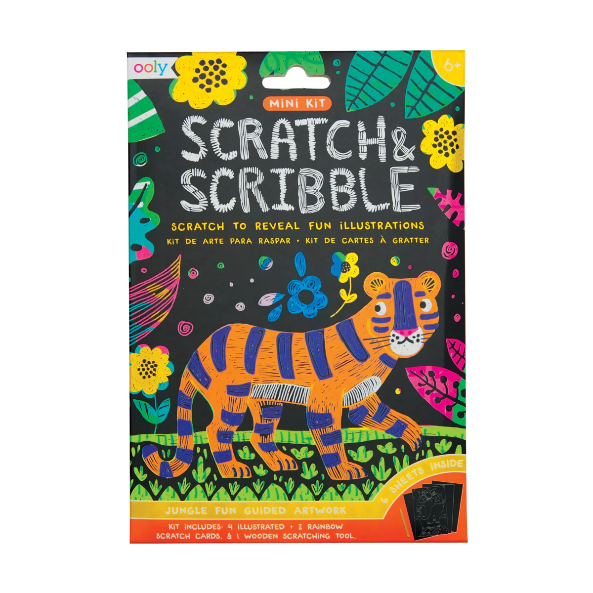 Ooly Scratch & Scribble Mini Kit with jungle-themed scratch cards and wooden stylus