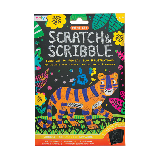 Ooly Scratch & Scribble Mini Kit with jungle-themed scratch cards and wooden stylus