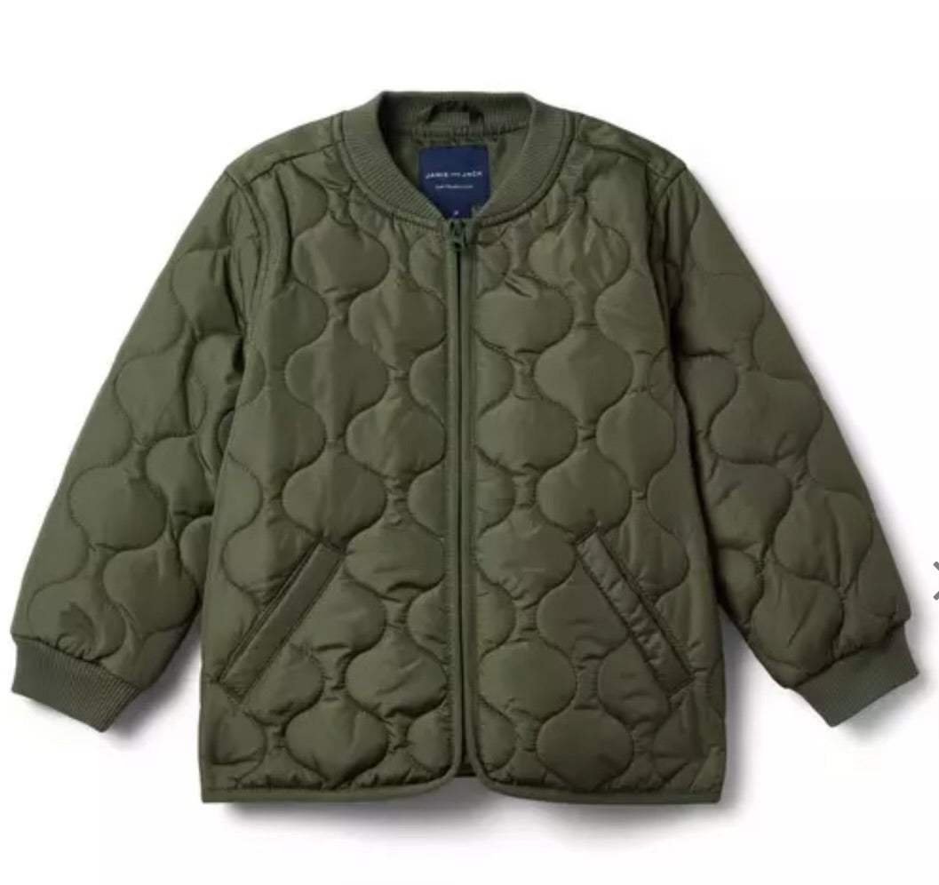 Olive quilted bomber jacket with oversized silhouette, zip front, and front pockets by Janie and Jack