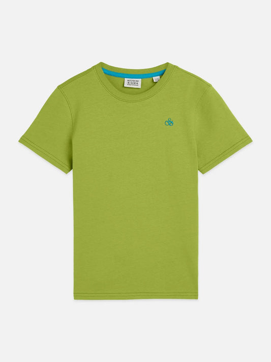 Spinach green short-sleeve t-shirt with chest embroidery, round neckline, regular fit