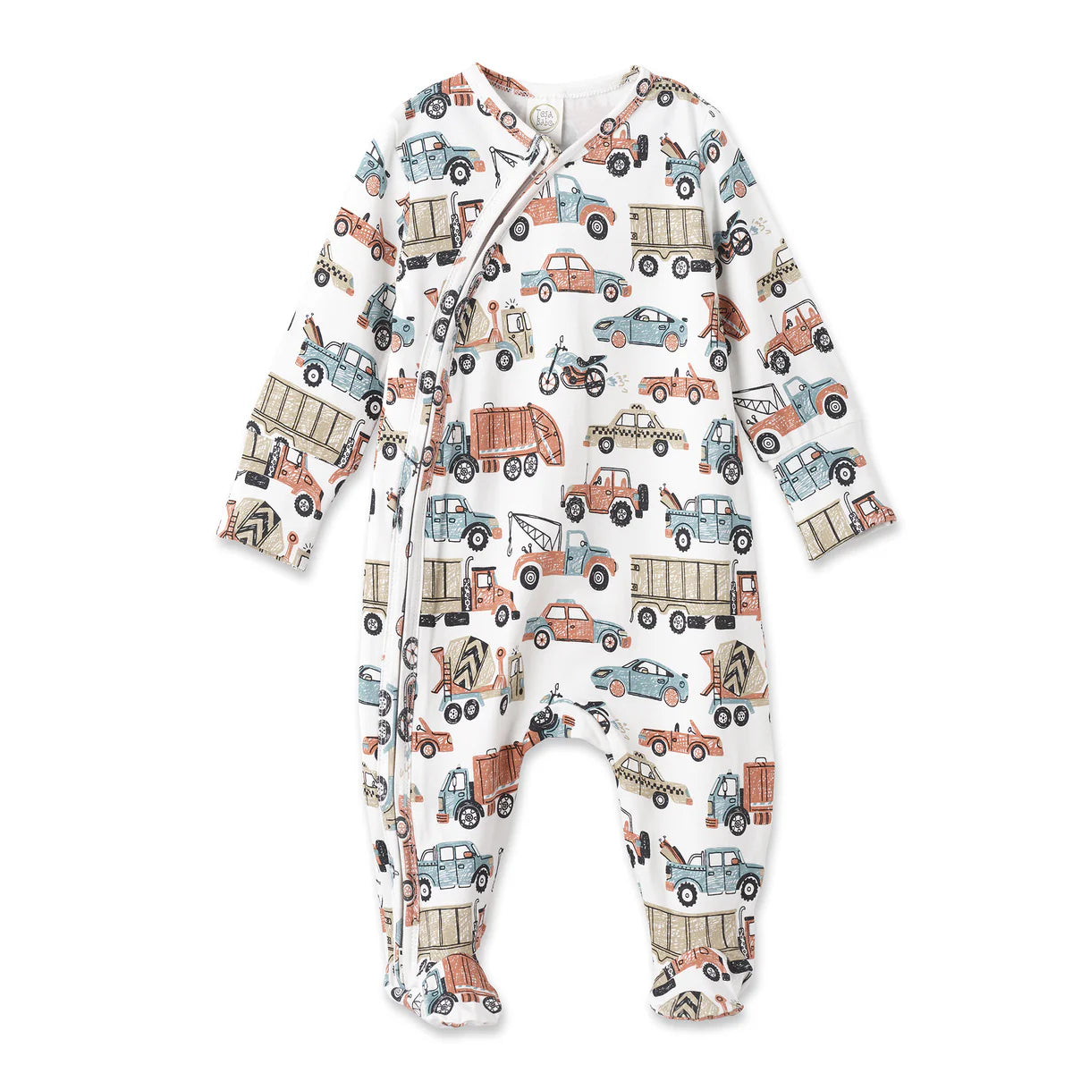 Let's Ride footed zipper romper in soft bamboo blend with truck print and 2-way zipper