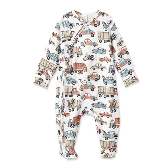 Let's Ride footed zipper romper in soft bamboo blend with truck print and 2-way zipper