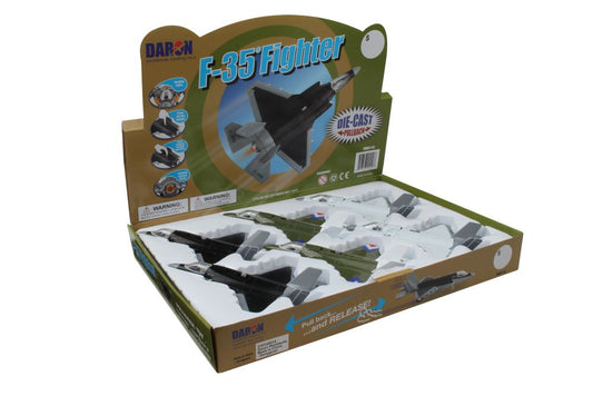 Daron die-cast F-35 fighter jet pullback toy with lights and sound features