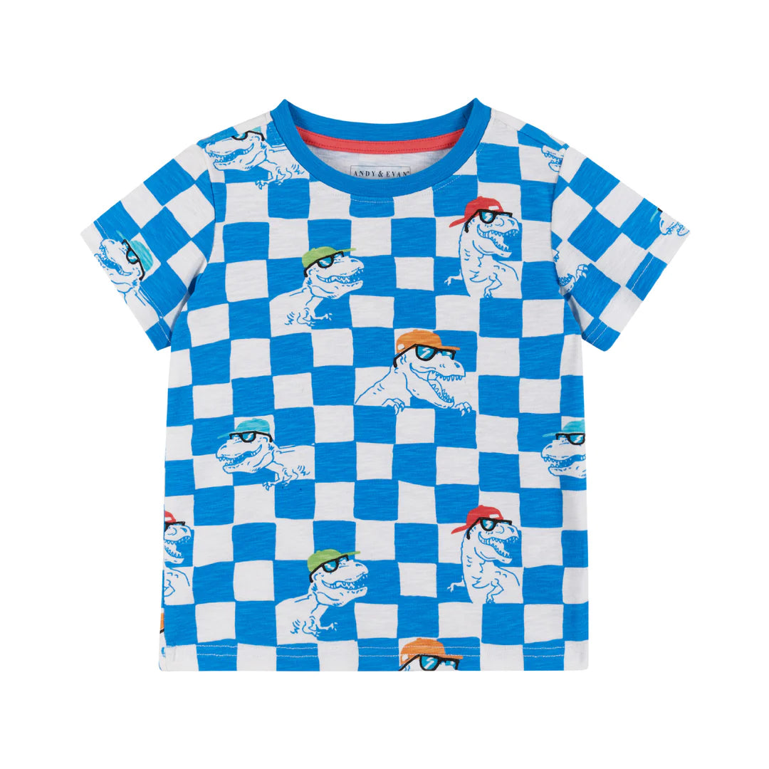 A cotton crewneck t-shirt with a red neck hem on the inside of the shirt. The main design features featuring blue and white checkers, with several t-rex dinosaurs integrated into the design, with the dinosaurs wearing fitted hats and sunglasses.
