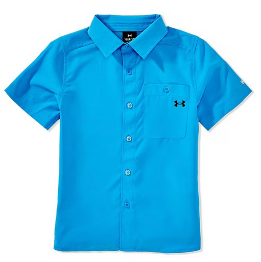Under Armour Drift Tide short-sleeve fishing shirt in Ether Blue with button-down front and chest pocket