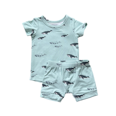 Summer Lounge Set in Oceanic Whales print by Baby Sprouts—short-sleeve top and shorts in soft cotton-blend.