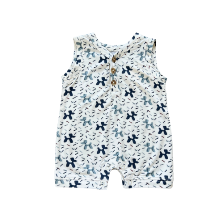 Baby Sprouts sleeveless romper in balloon dog print, bamboo jersey, button placket and snap closures