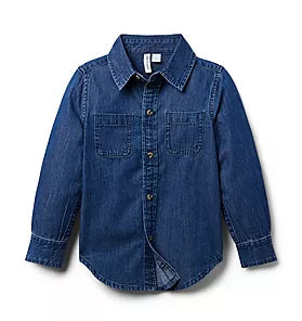 Long sleeve button down denim shirt with horn buttons and double chest pockets