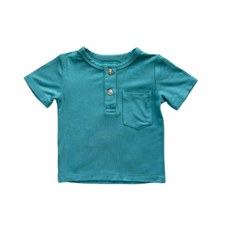 Boys short sleeve henley shirt in Sea Pine, Baby Sprouts, bamboo jersey fabric