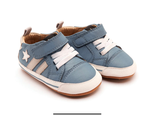 Old Soles pre-walker shoes in indigo, gris, and navy with elastic closures