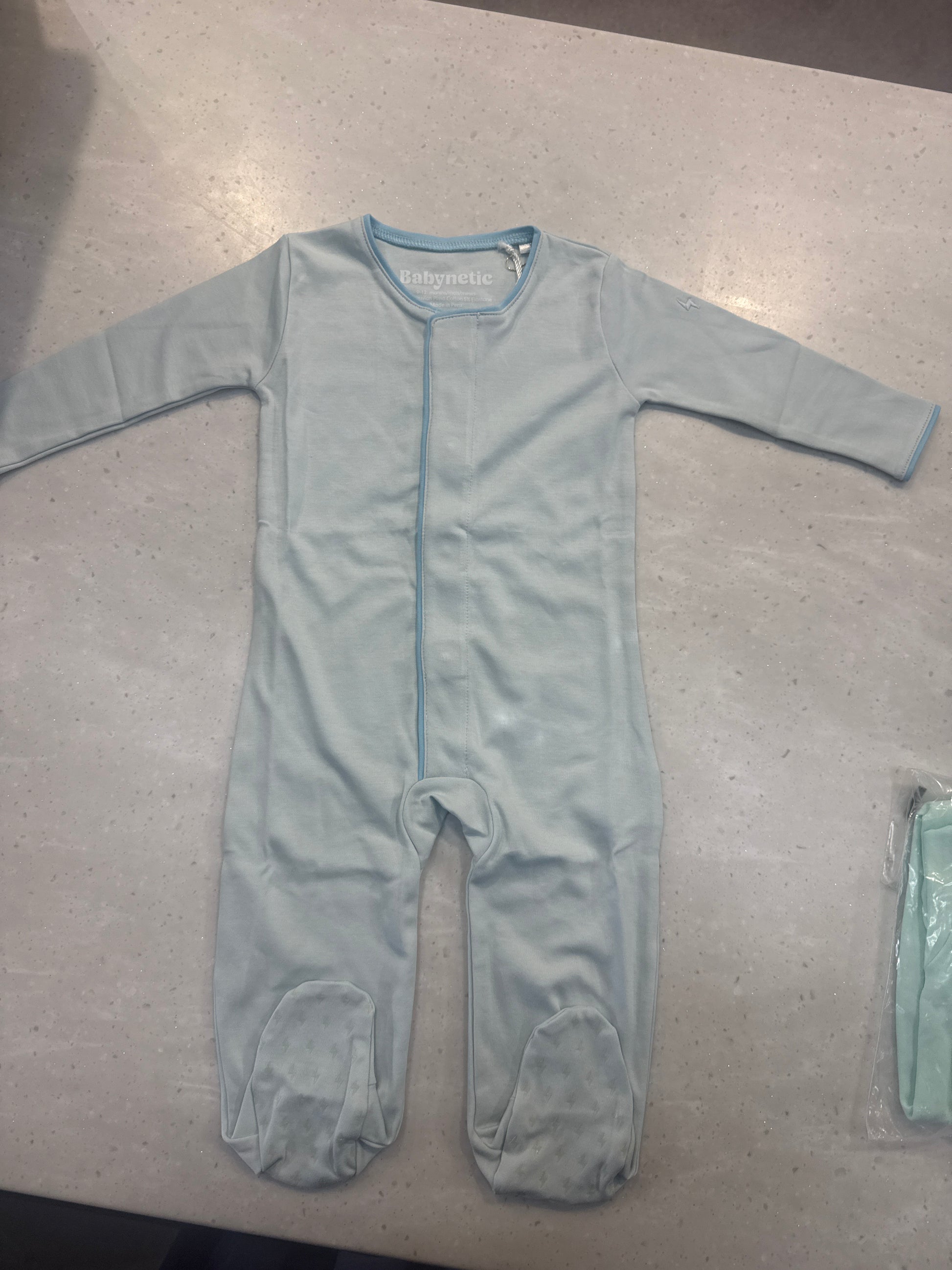 Footie-Cloud Blue magnetic footies in soft cotton with patent magnetic button closure