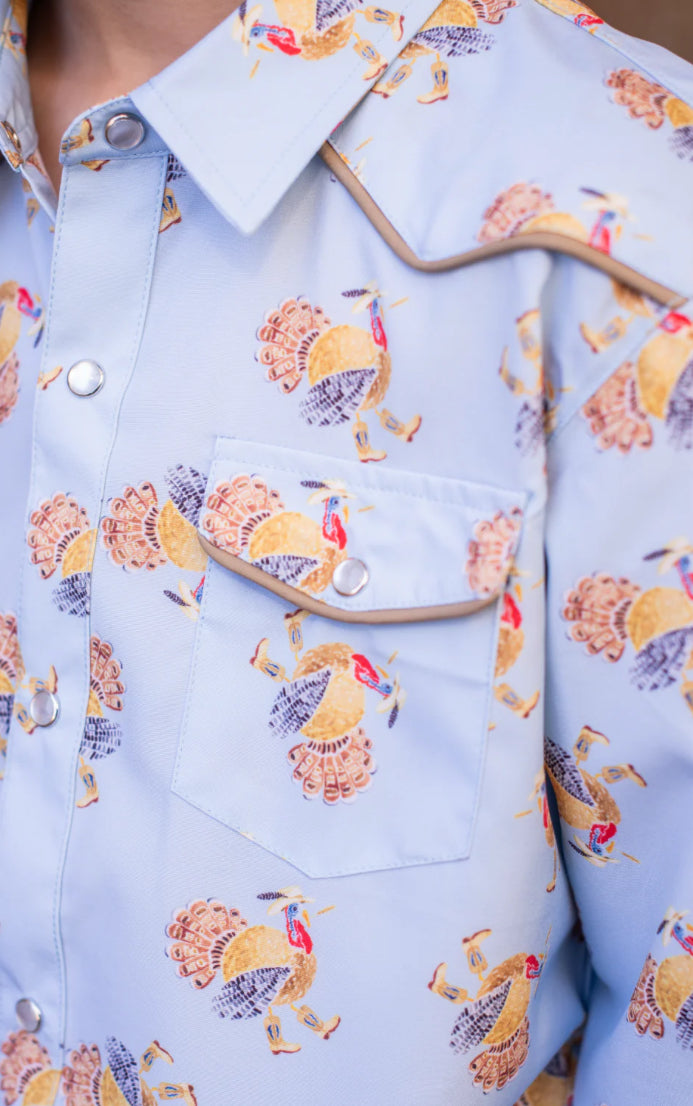 Turkeys Pearl Snap LS Shirt-Blue Quail