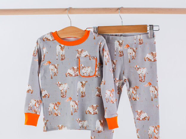 Gray Longhorn organic cotton long-sleeve pajamas by Nola Tawk with ribbed neckline and chest pocket
