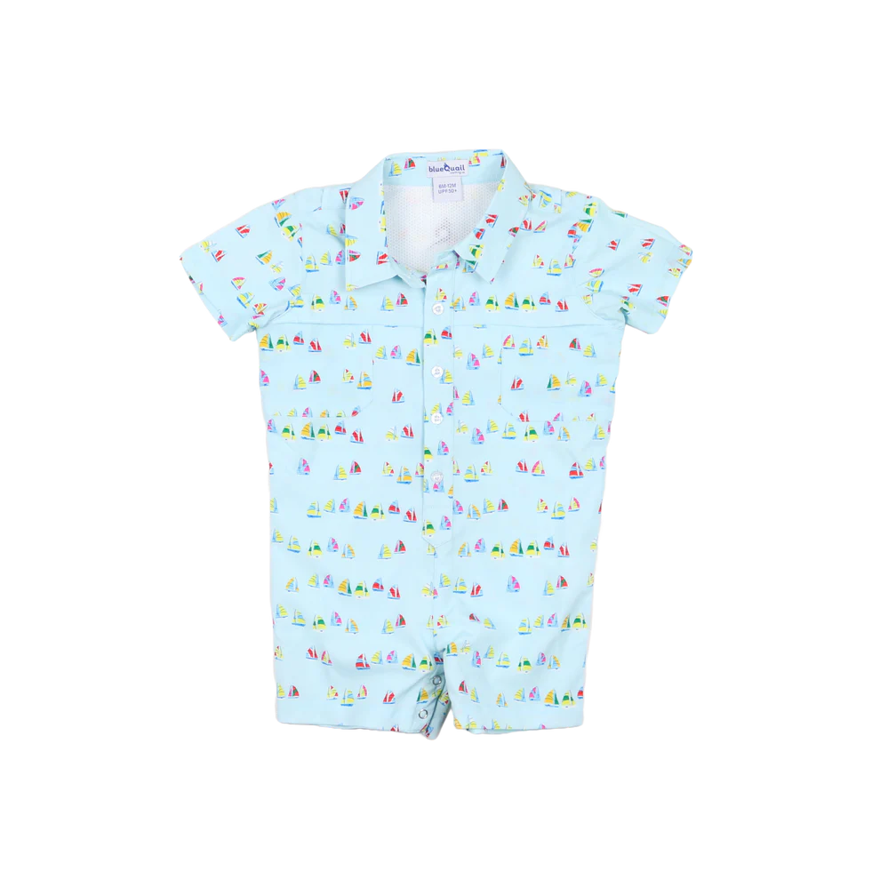 Blue Quail Boat Race Polo short-sleeve romper with UPF 50+ mesh-vented construction
