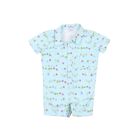 Boat Race Polo SS Romper-Blue Quail
