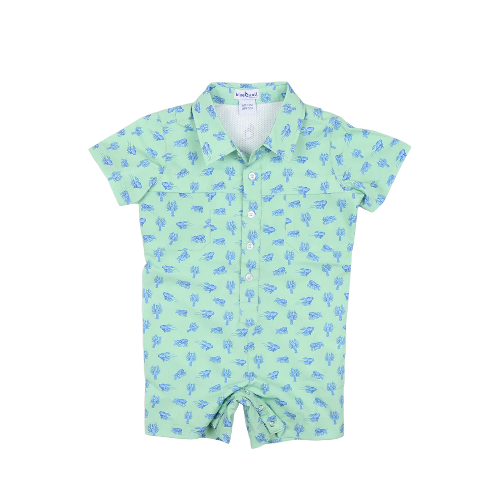 Mudbugs Polo Short Sleeve Romper in performance fabric with mesh venting and UPF 50+ protection