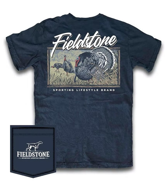 Fieldstone Gobbler Tee in navy, 100% ringspun cotton with custom graphic