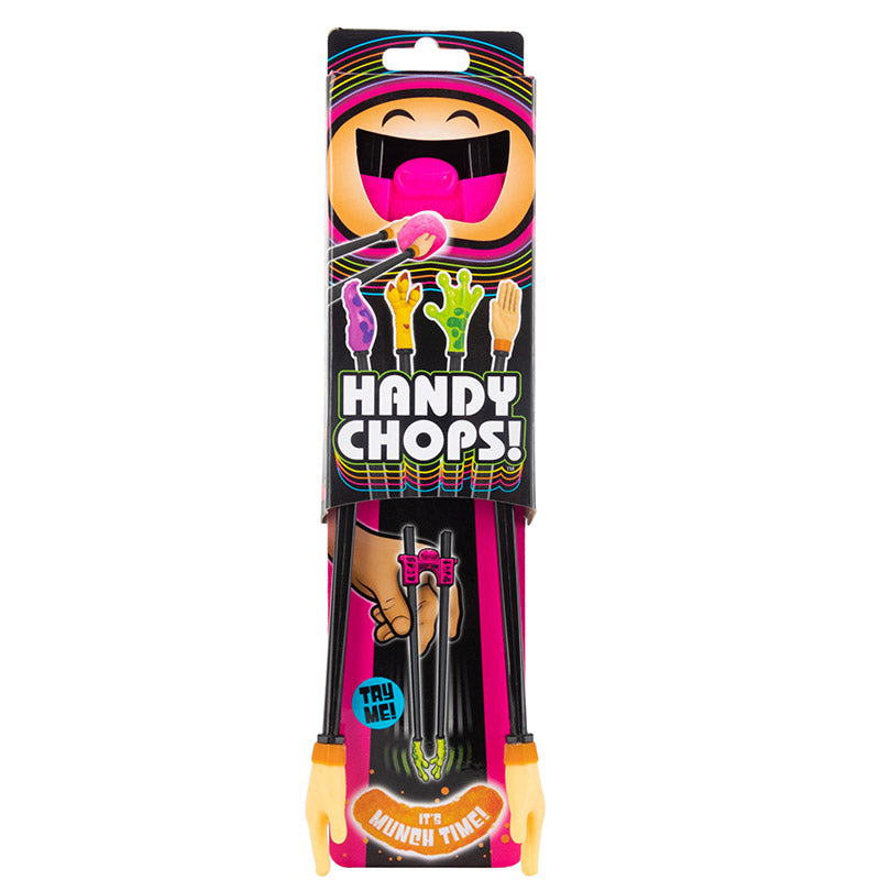 Handy Chops chopsticks with soft flexi-hinge and sculpted hand design in talon, frog, or human options