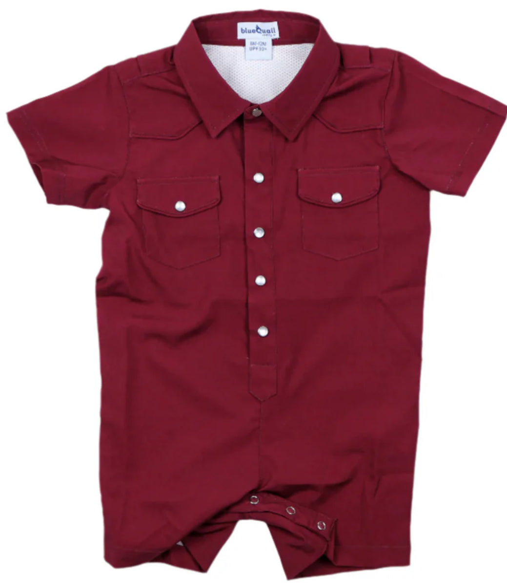 Blue Quail Gameday Pearl Snap Romper with pearl snap closures and UPF sun protection