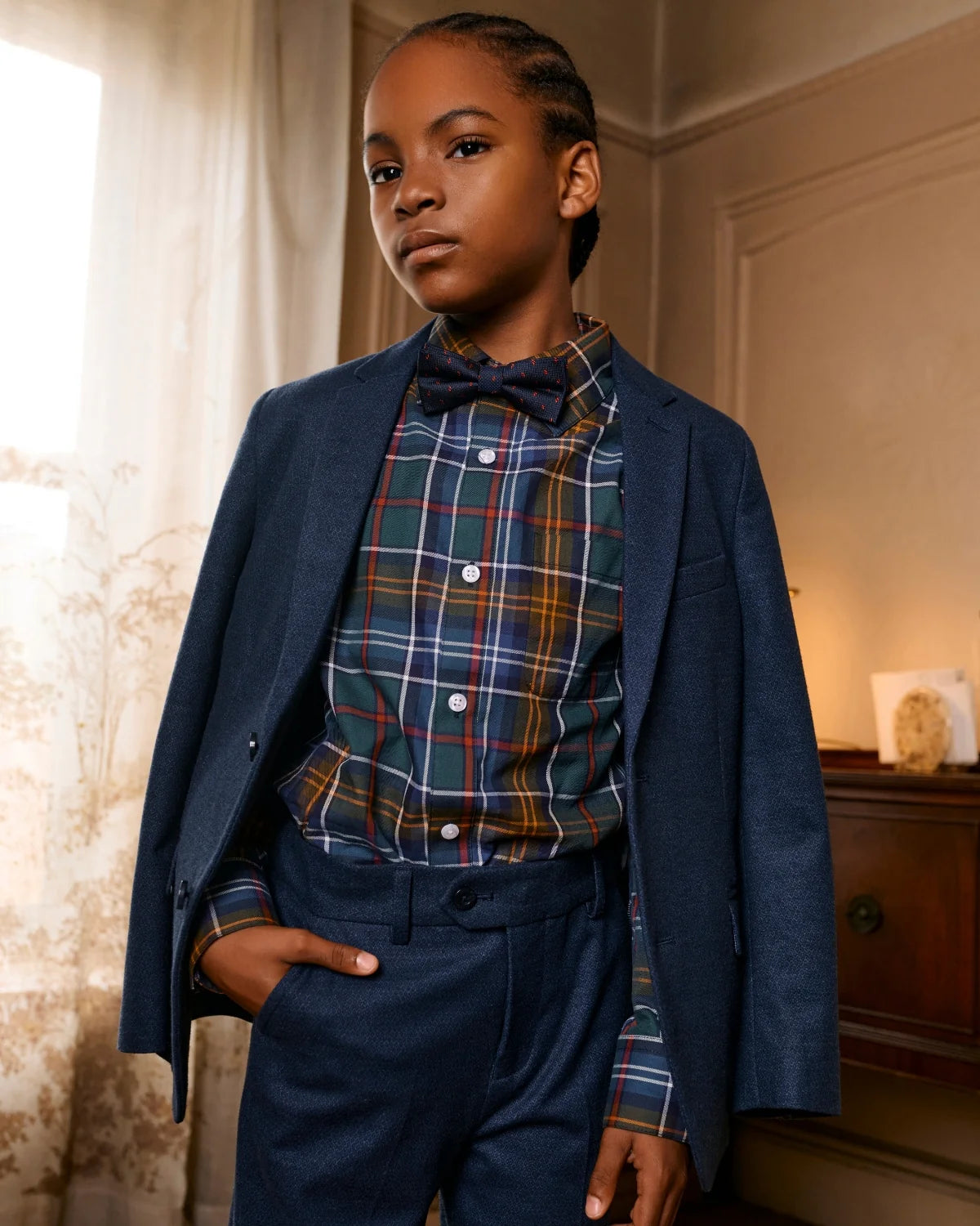 2-PC Strechy Mod Suit, Navy Diamonds