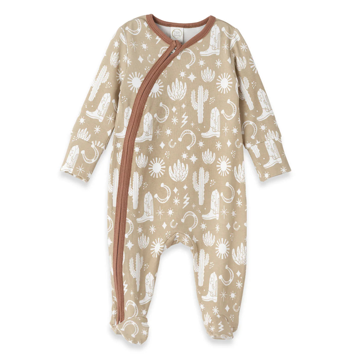 Beige long-sleeve footed zipper romper with Western-inspired details by Tesa Babe