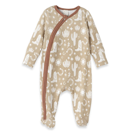 Wild West, LS Footed Zipper Romper-Beige