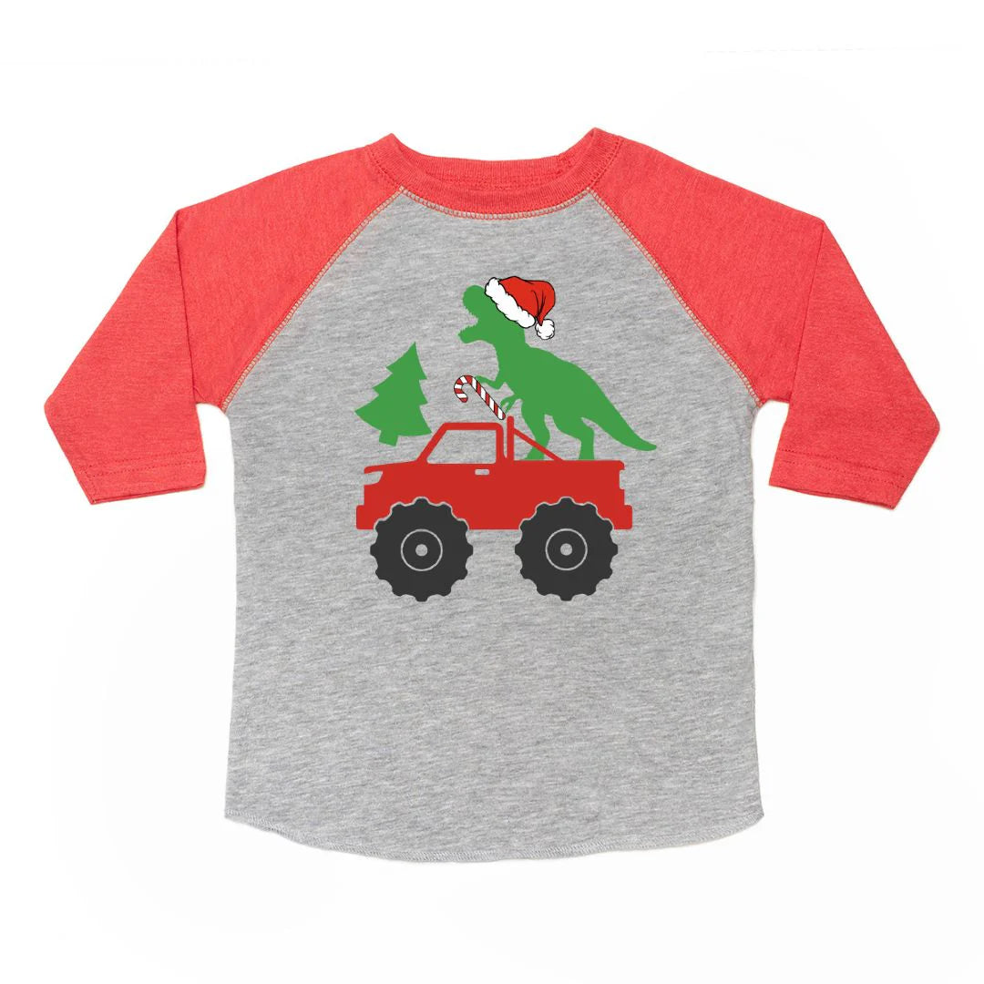 Santa Dino Monster Truck 3/4 Shirt in heather gray with red sleeves and red, white, black graphic
