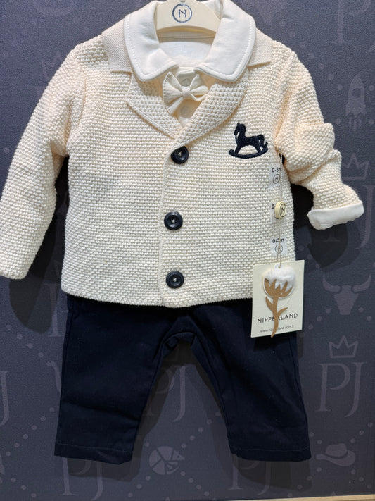 Nipperland cream knitted sweater and navy pants four-piece baby set, neutral and refined