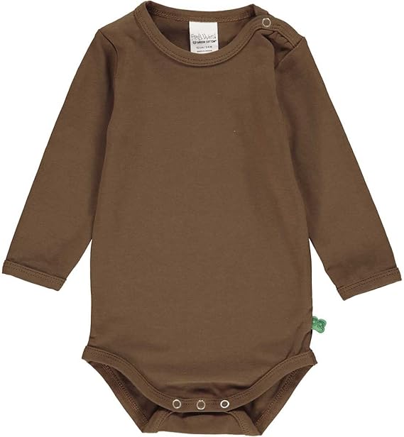 Fred's World brown long-sleeved bodysuit with snap closures, laid flat