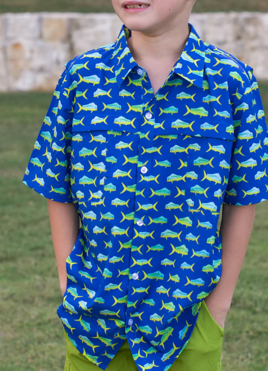 Mahi Mahi short-sleeve button-down shirt in blue by Blue Quail, UPF 50+ performance wear