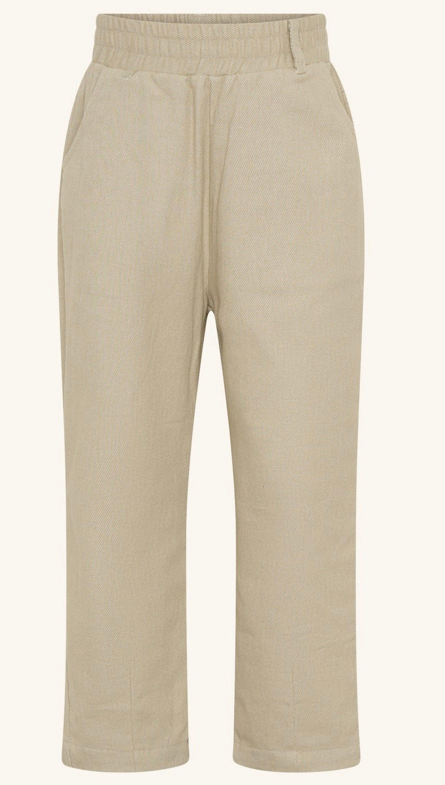 Cream relaxed cotton twill pants with elasticated waistband and finished cuffs by Tiny Tribe