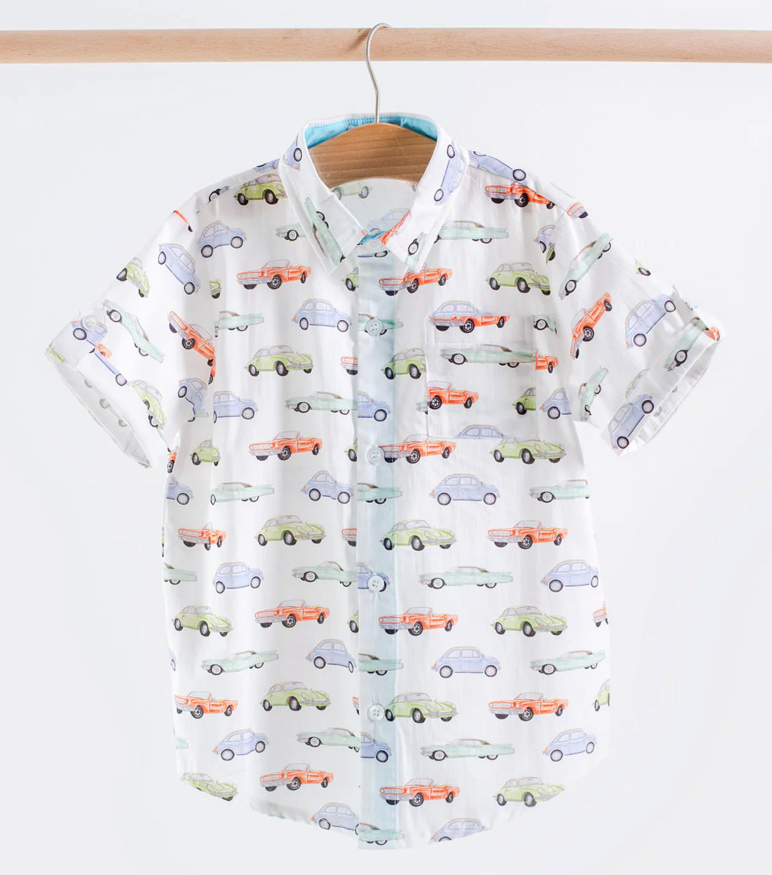 Vintage Road Trip Short Sleeved Collared Shirt in organic cotton with vintage car print by Nola Tawk