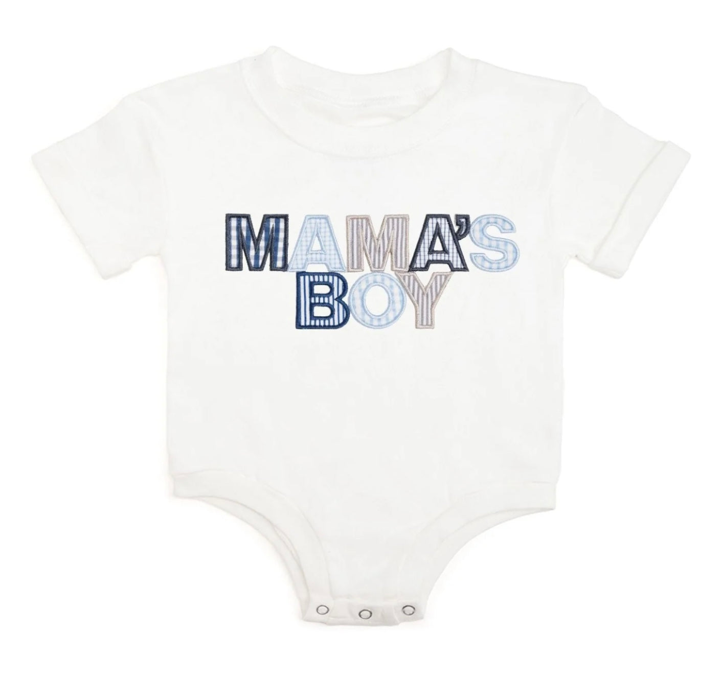 Mama's Boy Patchwork Short Sleeve Romper in white cotton with blue and grey gingham patchwork details
