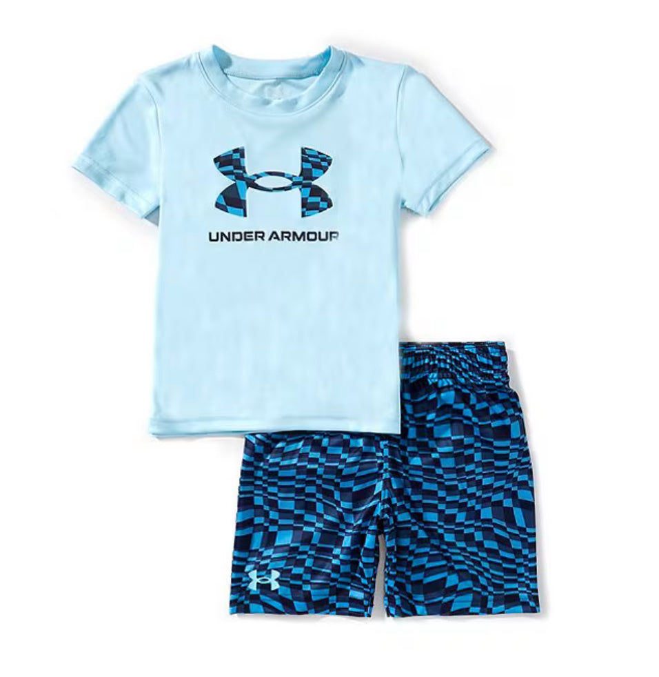 Under Armour Big Logo Shirt and Wave-Print Shorts Set—crew neck tee with logo print and coordinating shorts