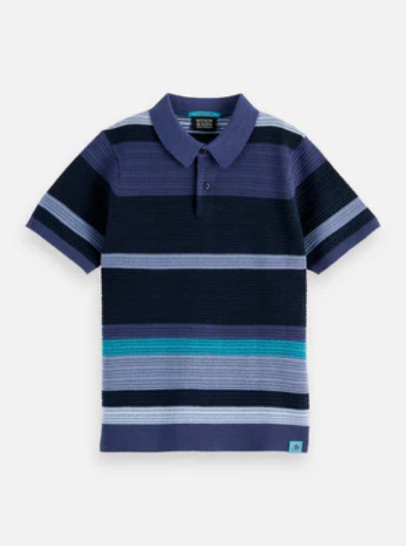 Structured knitted striped polo with classic collar and button closure, Scotch & Soda