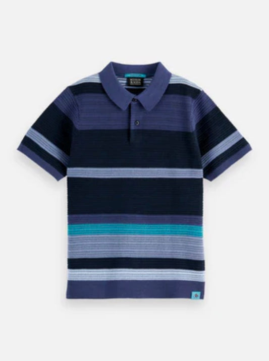 Structured knitted striped polo with classic collar and button closure, Scotch & Soda