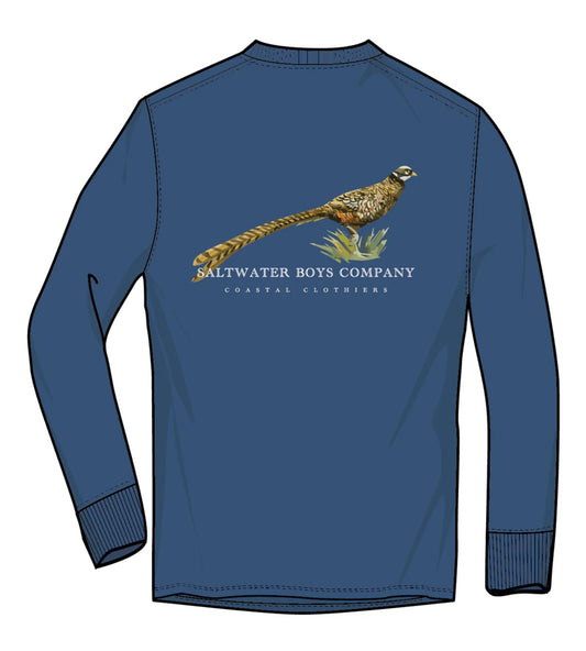 Pheasant Long Sleeve Tee in Set Sail by Saltwater Boys, 100% Peruvian cotton with realistic graphic