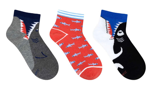 Robeez Sharpest Bite Quarter Socks 3-pack with refined shark motif in neutral tones