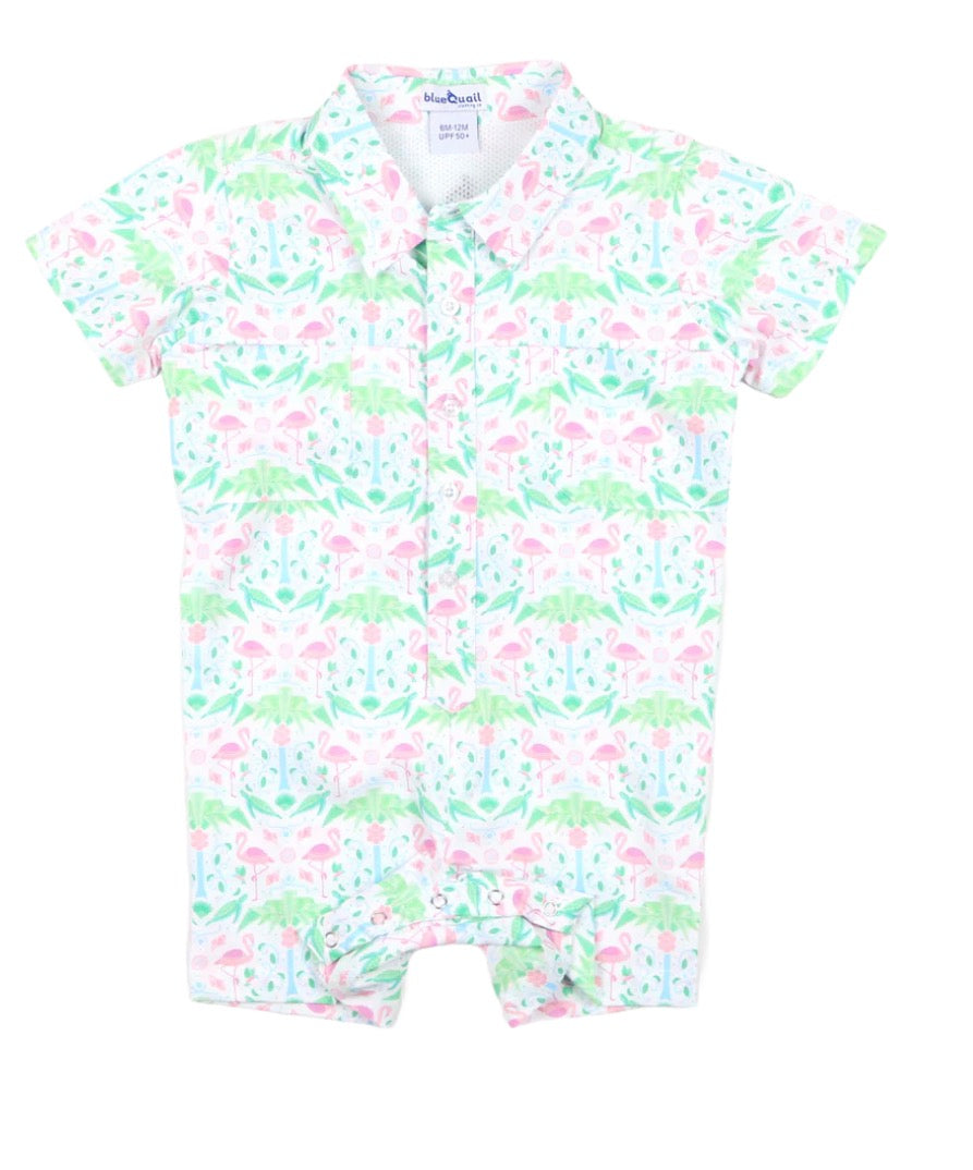 Del Mar Short Sleeve Romper by Blue Quail in curated color, featuring mesh venting and wrinkle-resistant fabric
