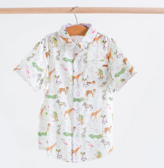 Zoo Krewe short sleeve collared shirt by Nola Tawk in organic cotton with Mardi Gras animal print