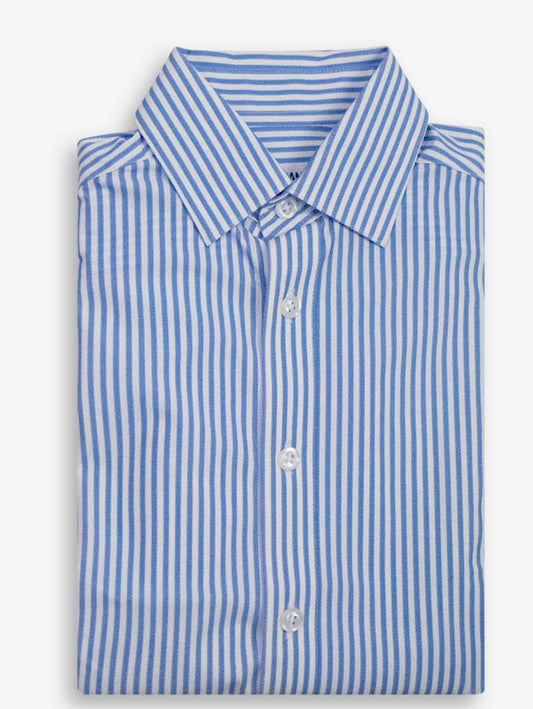 Blue pinstripe stretch shirt by Appaman, button-down closure, wrinkle-free fabric